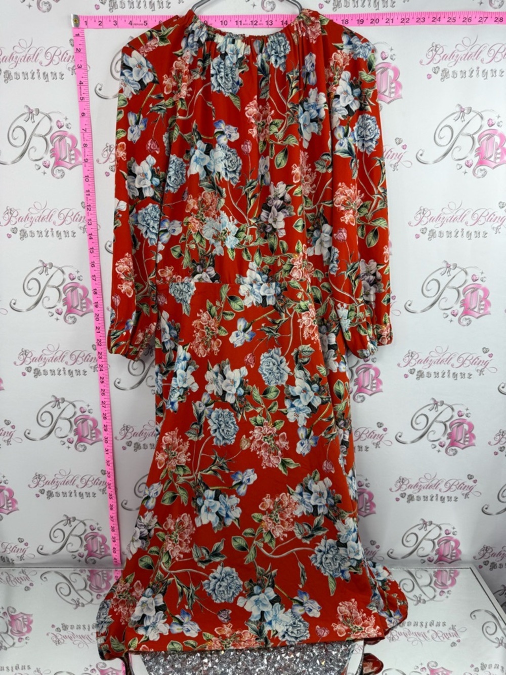 H&M dress long sleeves Red Floral Maxi Dress with Blue and White Blooms